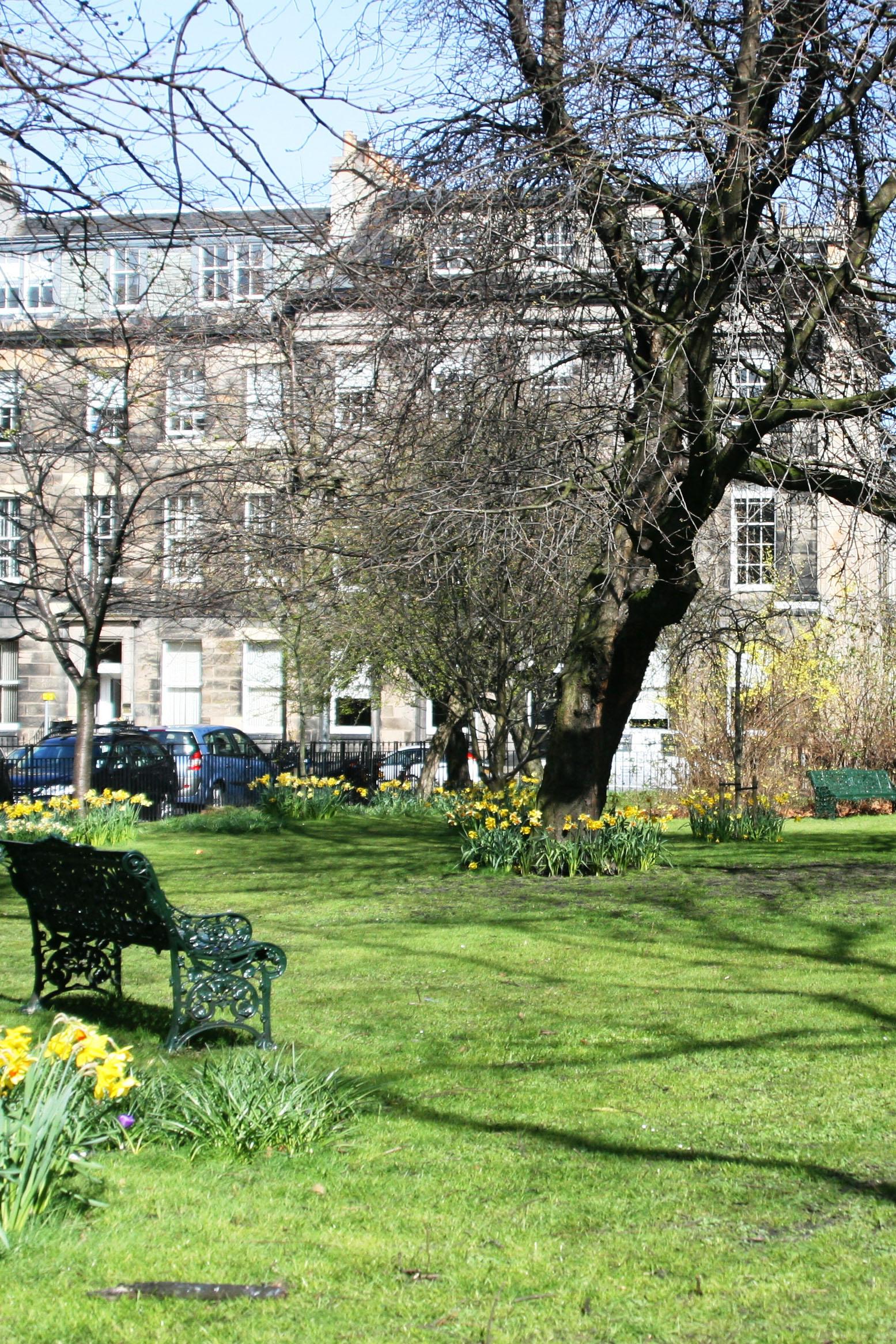 Photo of the RSSWS offices in Rutland Square, Edinburgh, in springtime.